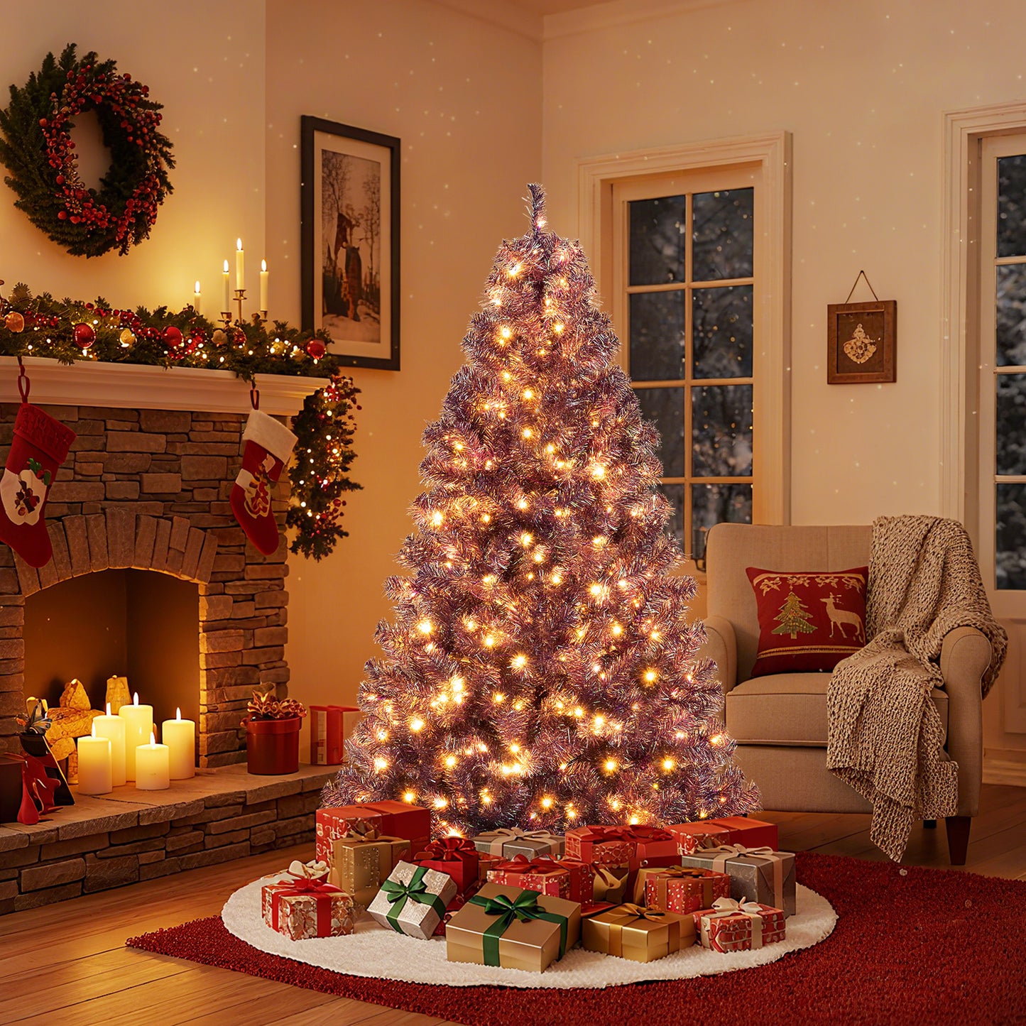 Pre-Lit Tinsel Christmas Tree Artificial Xmas Tree with Lush Branch Tips and Warm White LED Lights-6ft
