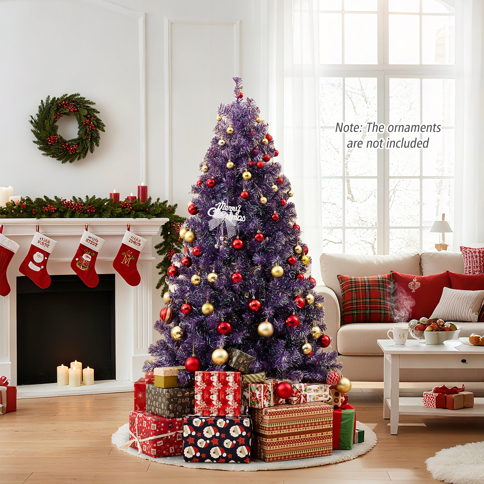 Pre-Lit Tinsel Christmas Tree Artificial Xmas Tree with Lush Branch Tips and Warm White LED Lights-6ft