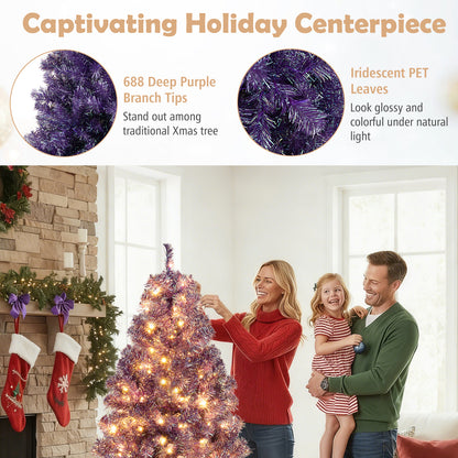 Pre-Lit Tinsel Christmas Tree Artificial Xmas Tree with Lush Branch Tips and Warm White LED Lights-6ft