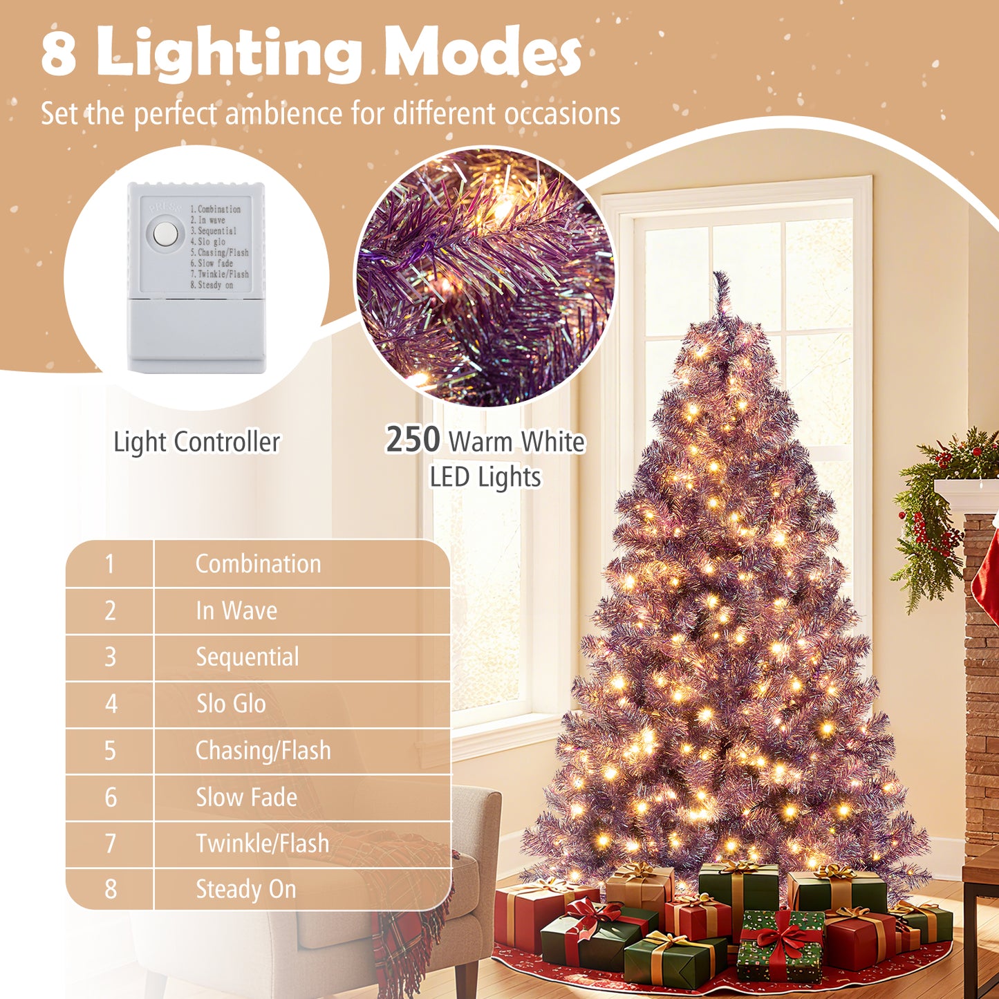 Pre-Lit Tinsel Christmas Tree Artificial Xmas Tree with Lush Branch Tips and Warm White LED Lights-6ft