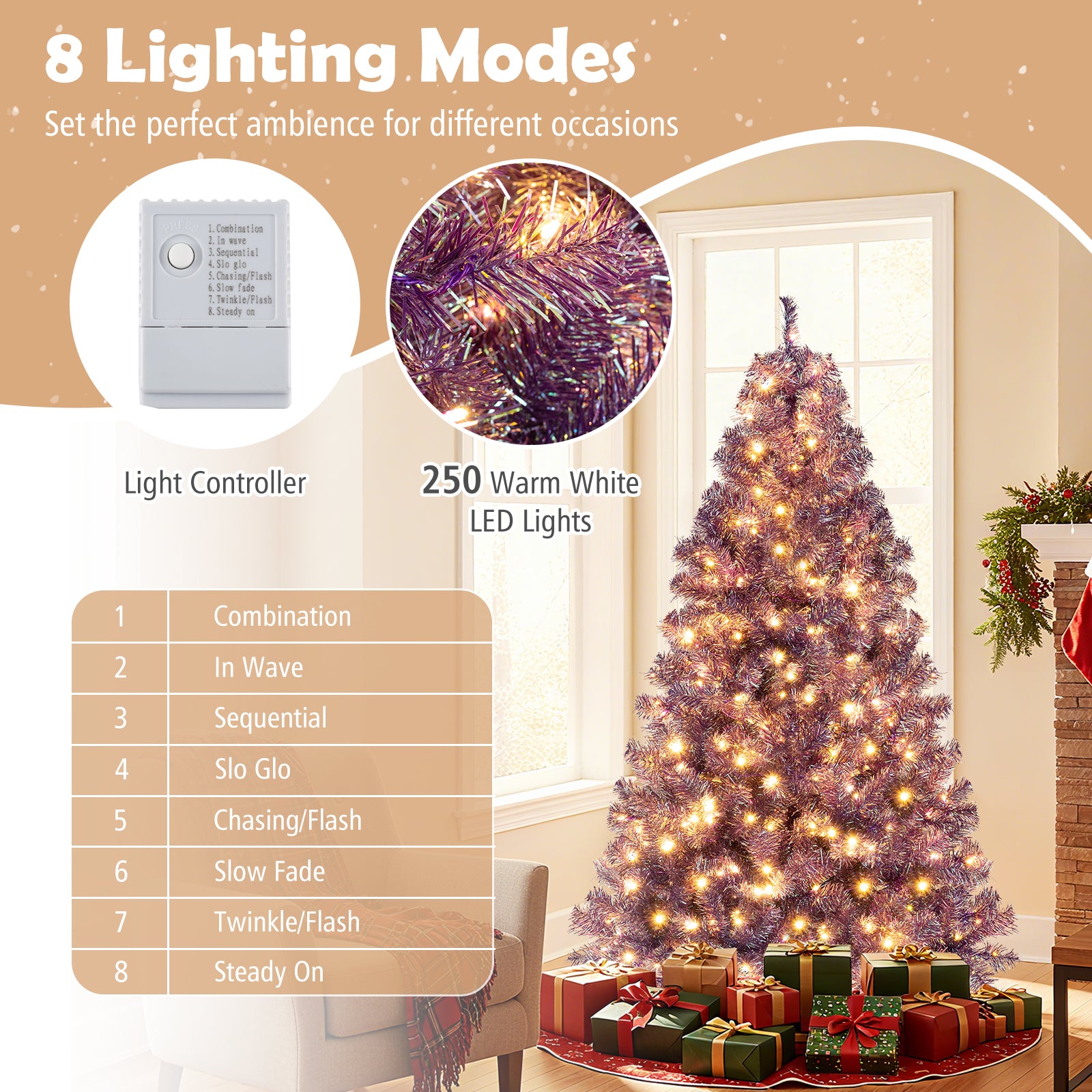 Pre-Lit Tinsel Christmas Tree Artificial Xmas Tree with Lush Branch Tips and Warm White LED Lights-6ft