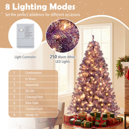 Pre-Lit Tinsel Christmas Tree Artificial Xmas Tree with Lush Branch Tips and Warm White LED Lights-6ft