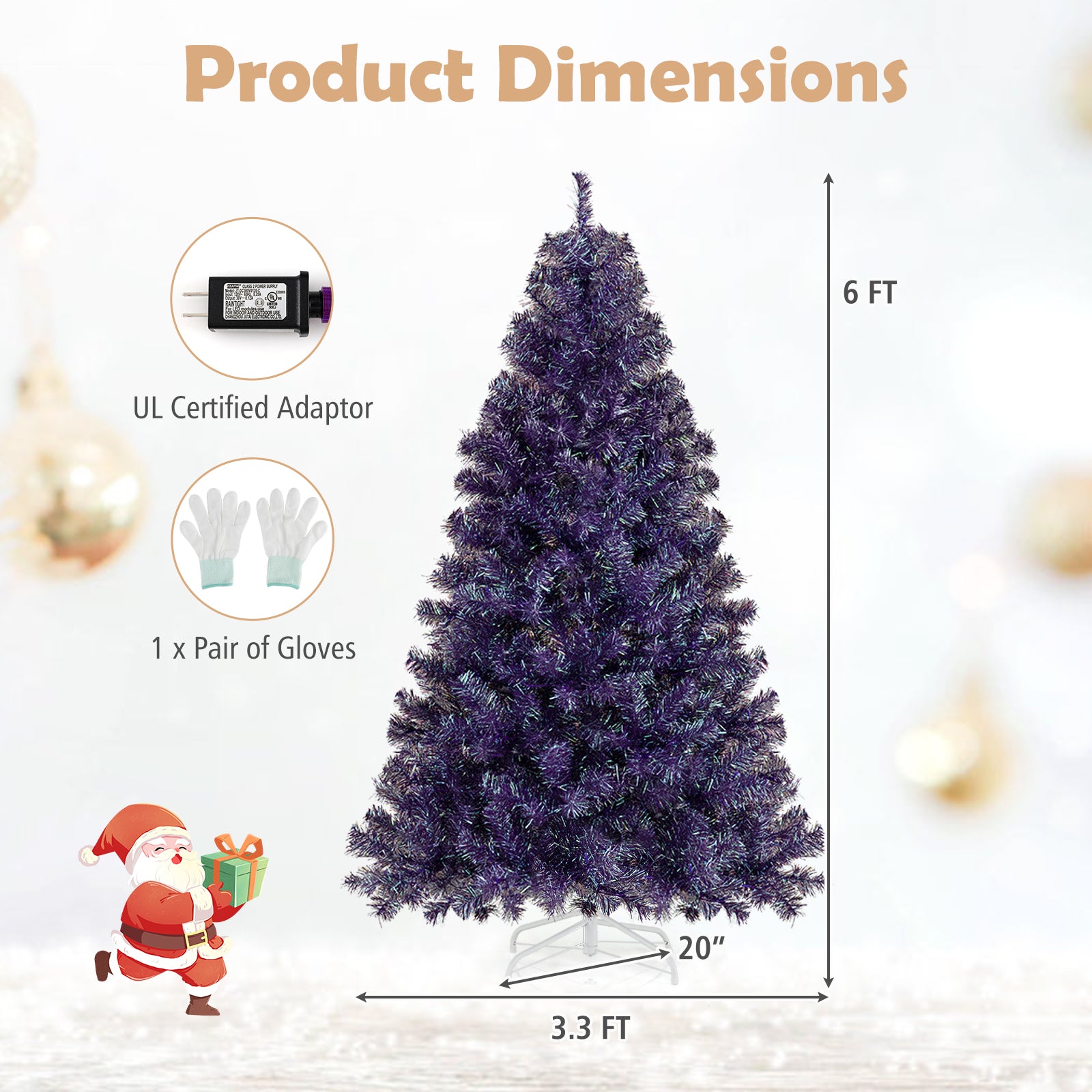 Pre-Lit Tinsel Christmas Tree Artificial Xmas Tree with Lush Branch Tips and Warm White LED Lights-6ft