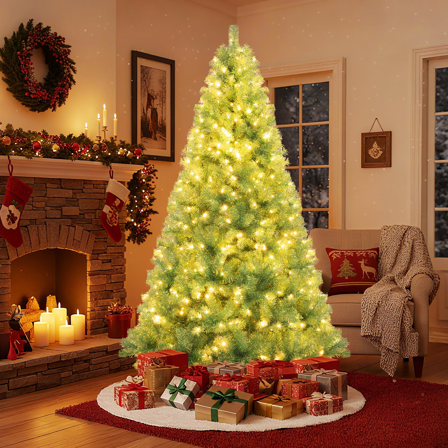 Pre-Lit Tinsel Christmas Tree Artificial Xmas Tree Home Office Party Seasonal Holiday Decoration-M