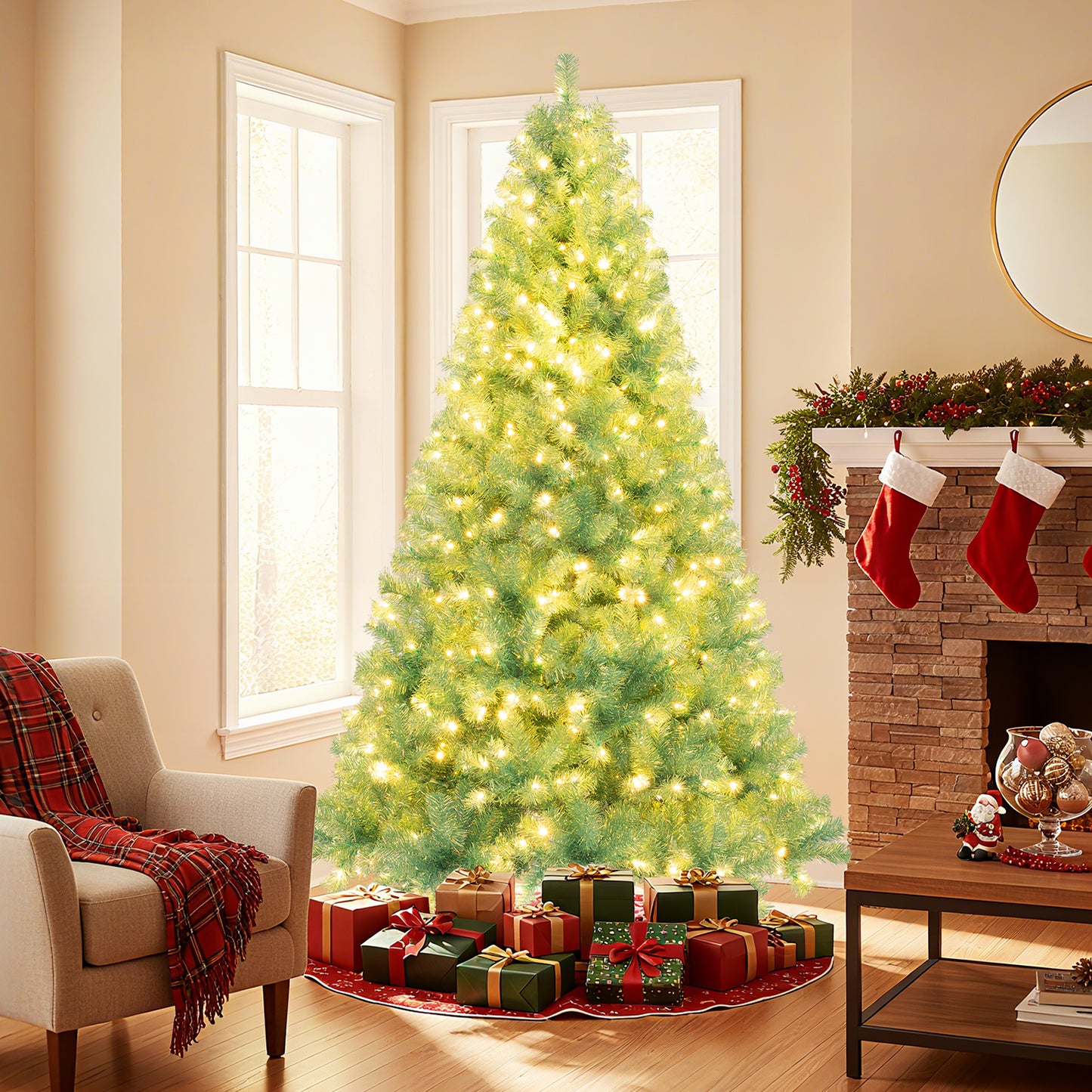 Pre-Lit Tinsel Christmas Tree Artificial Xmas Tree Home Office Party Seasonal Holiday Decoration-M