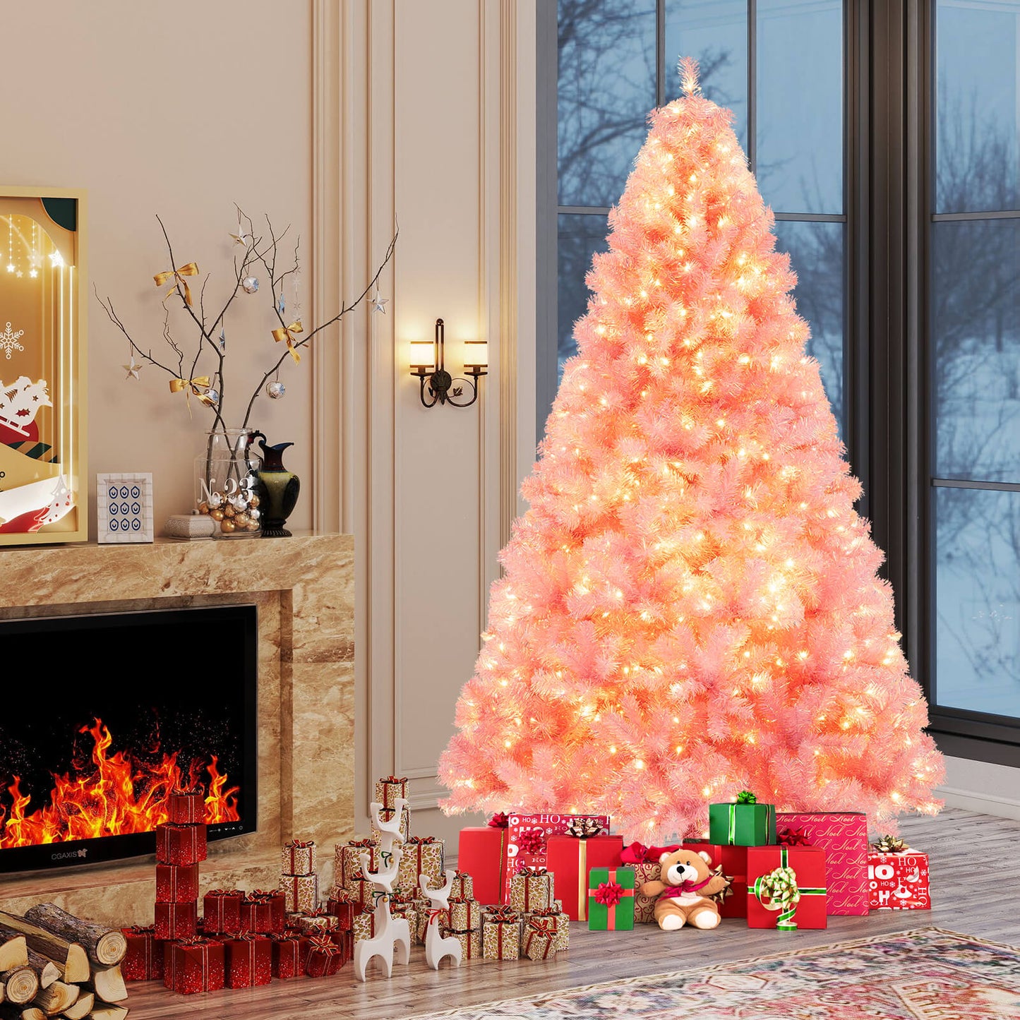 Pre-Lit Tinsel Christmas Tree Artificial Xmas Tree with Lush Branch Tips Holiday Decoration-7.5ft