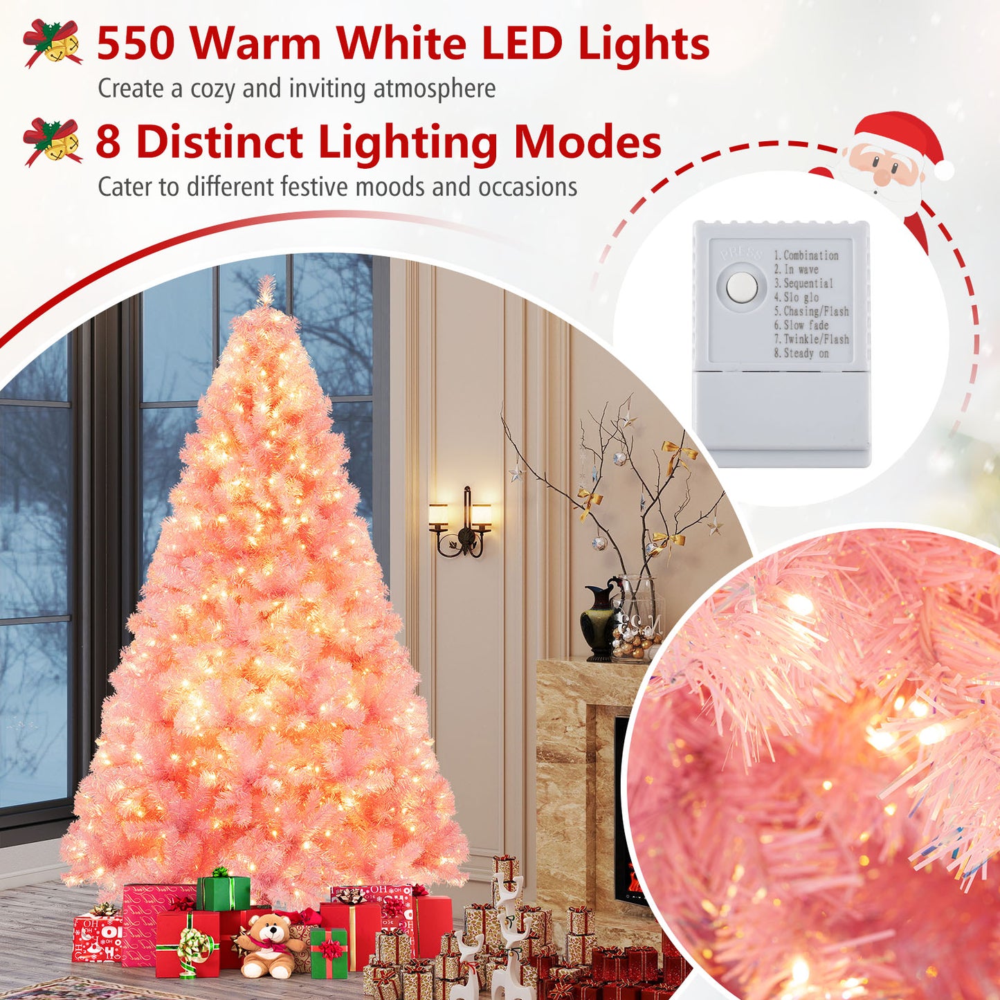 Pre-Lit Tinsel Christmas Tree Artificial Xmas Tree with Lush Branch Tips Holiday Decoration-7.5ft