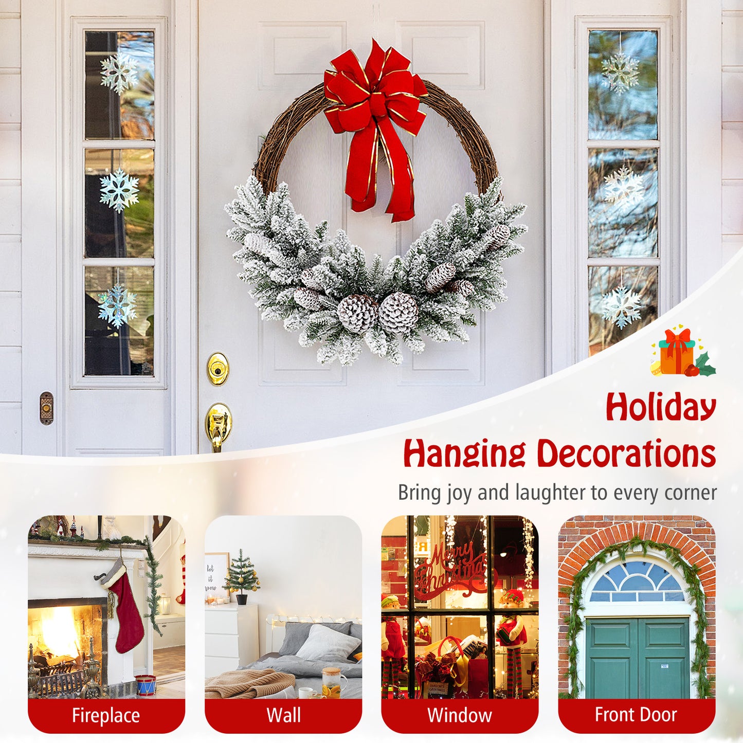 Pre-lit Snow Flocked Artificial Christmas Wreath with 8 Pine Cones and 35 LED Lights