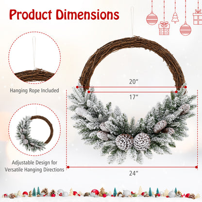 Pre-lit Snow Flocked Artificial Christmas Wreath with 8 Pine Cones and 35 LED Lights