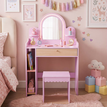 Kids Vanity Table Set with LED Mirror and Stool - Pink