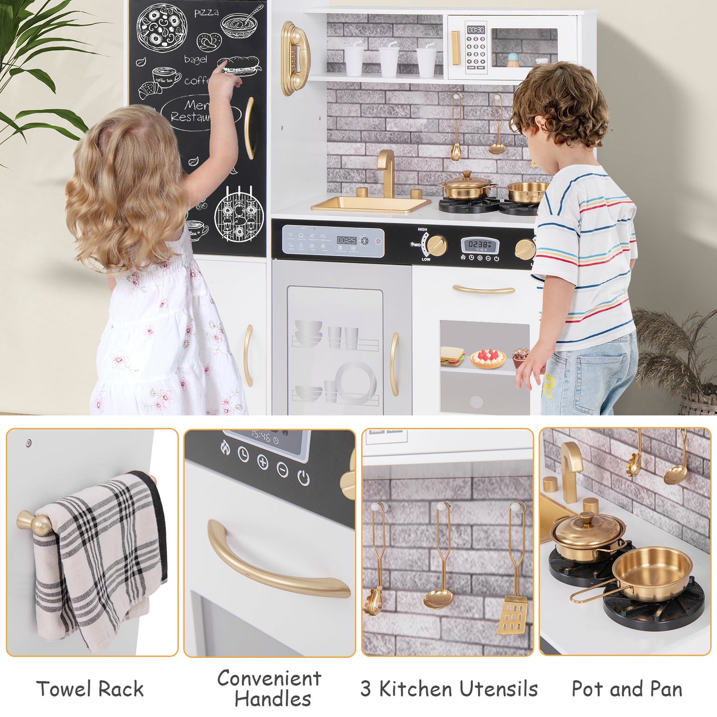 Pretend Play Kitchen with Utensils for Kids Aged 3+-White