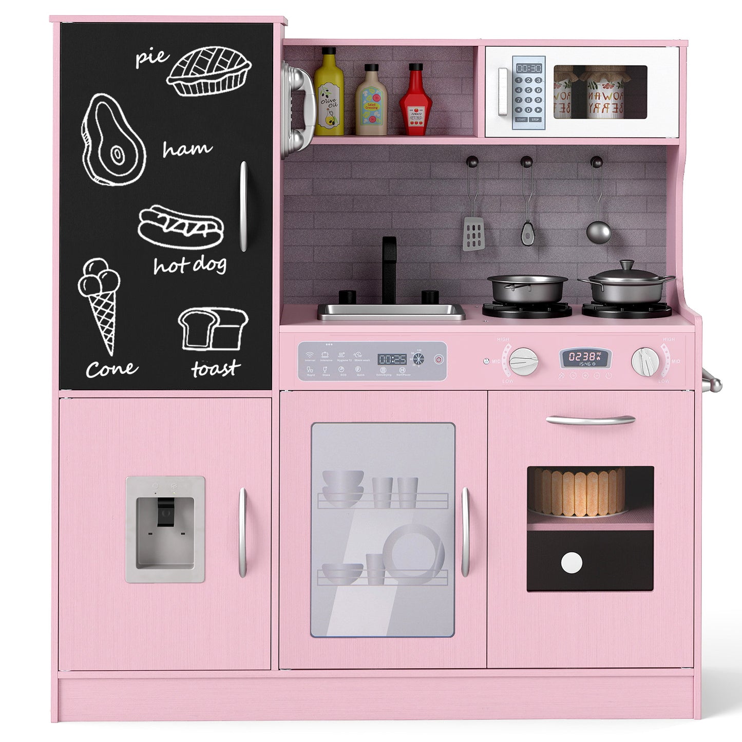 Pretend Play Kitchen with Utensils for Kids Aged 3+-Pink - Pink