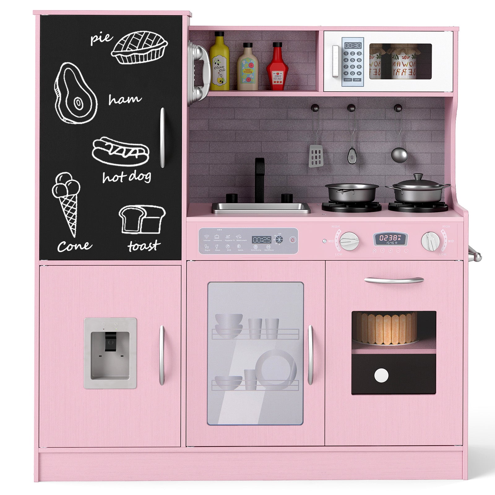 Pretend Play Kitchen with Utensils for Kids Aged 3+-Pink - Pink