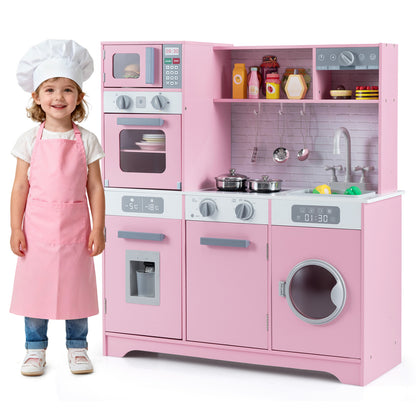 Pretend Play Kitchen Wooden Toy Set Kitchen Accessory Playset with Real Lights Sounds-Pink - Pink