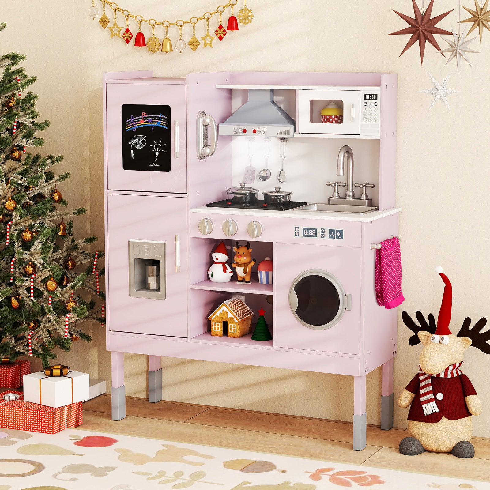 Pretend Play Kitchen Toy Kitchen Playset with Range Hood Ice Maker and Telephone