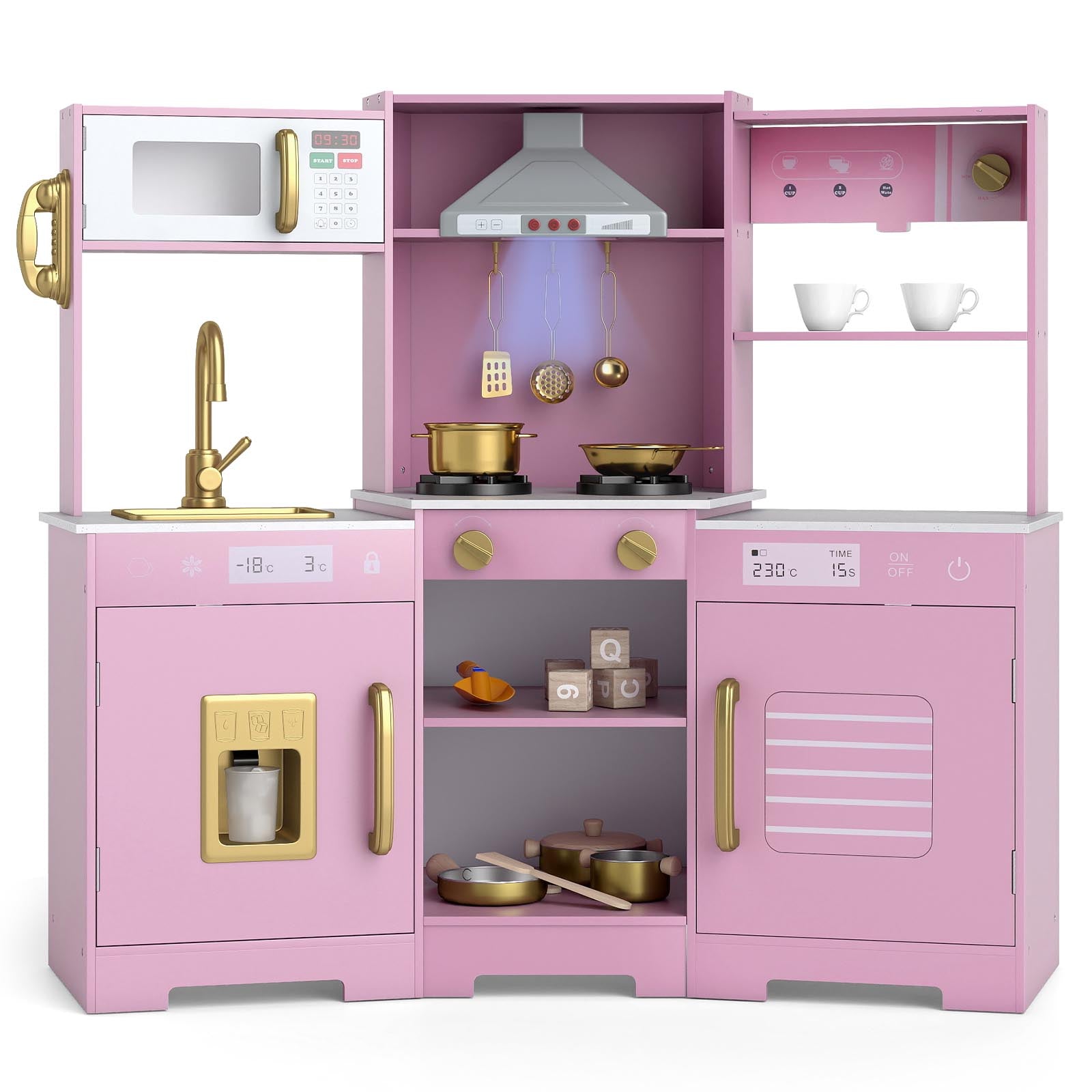 Pretend Play Kitchen Wooden Toy Set with Range Hood Real Sounds and Lights-Pink - Pink
