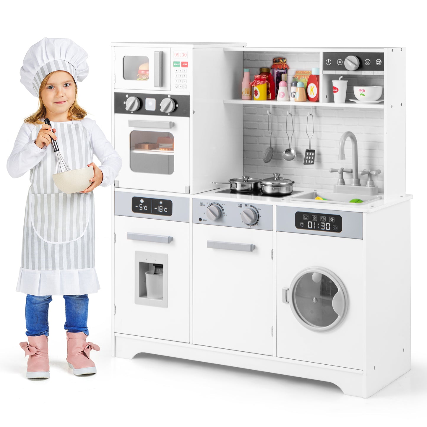 Pretend Play Kitchen Wooden Toy Set Kitchen Accessory Playset with Real Lights Sounds