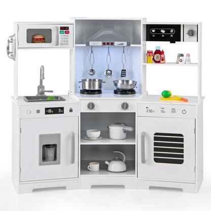 Pretend Play Kitchen Wooden Toy Set with Range Hood Real Sounds and Lights-Pink - White