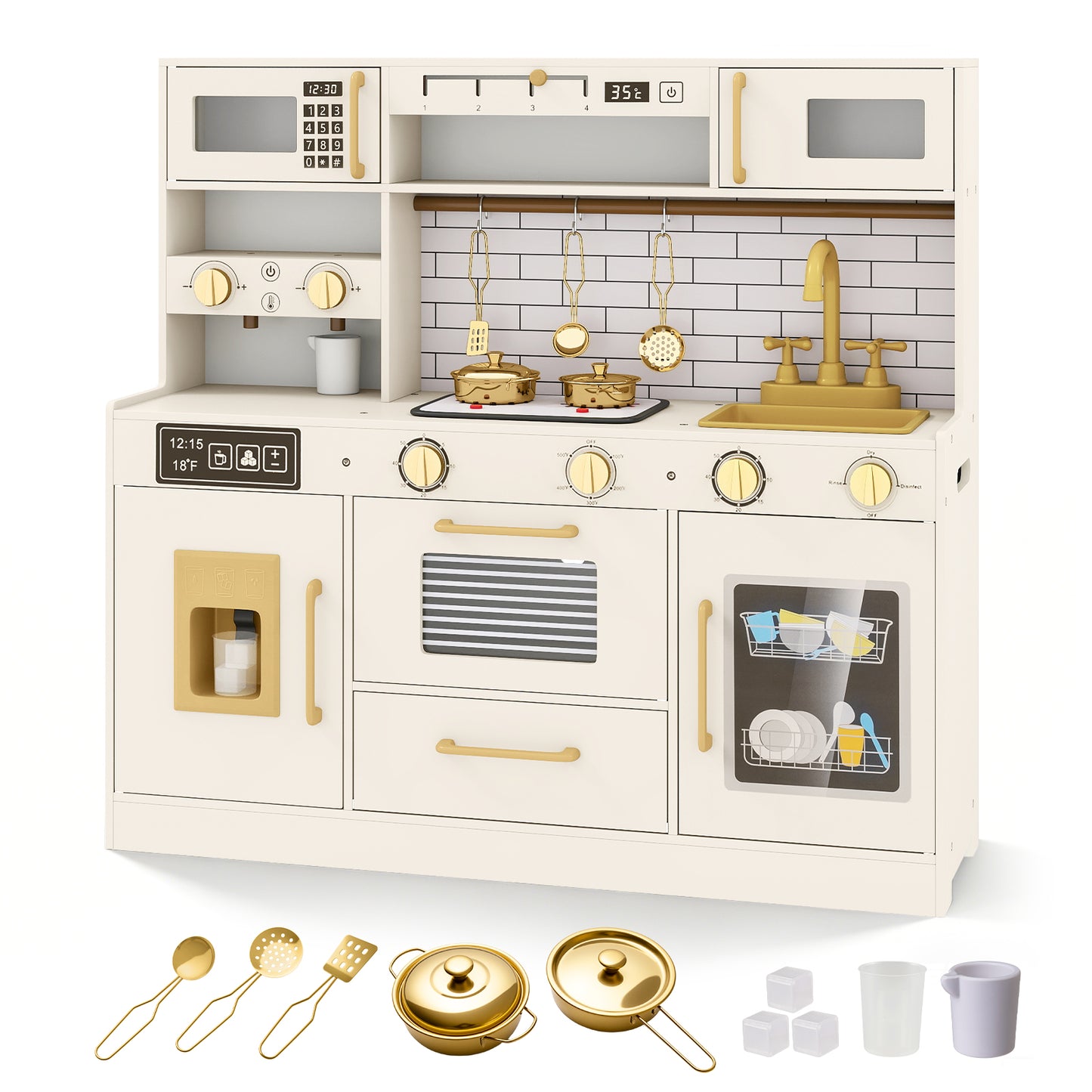 Pretend Toy Kitchen Set with Stoves and Water Dispenser-Beige