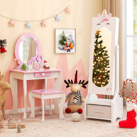 Kids Princess Vanity Table and Stool Set with Jewelry Cabinet and Mirror Drawer-Pink