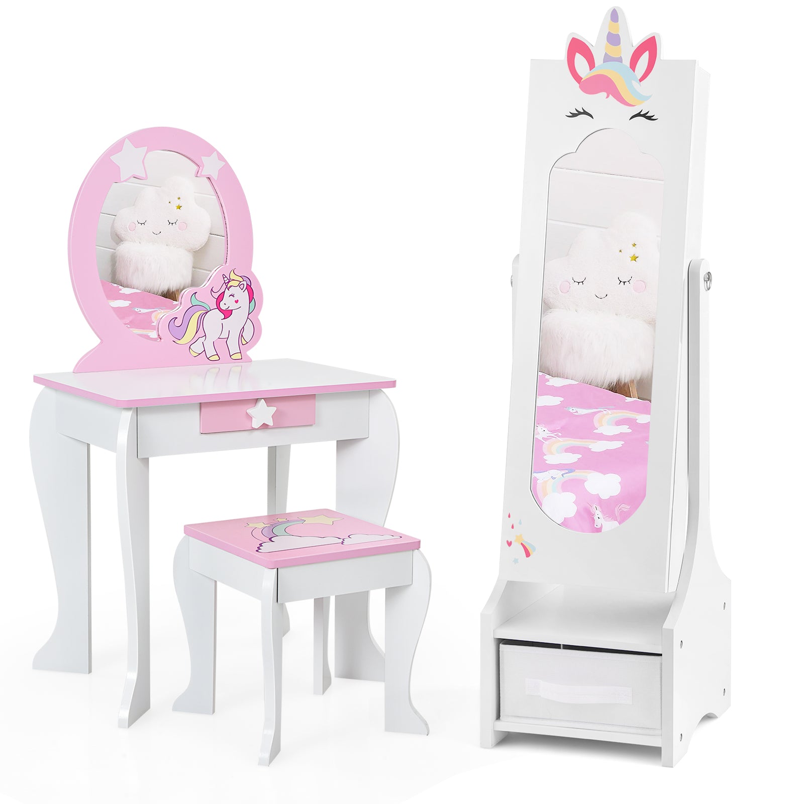 Kids Princess Vanity Table and Stool Set with Jewelry Cabinet and Mirror Drawer-Pink