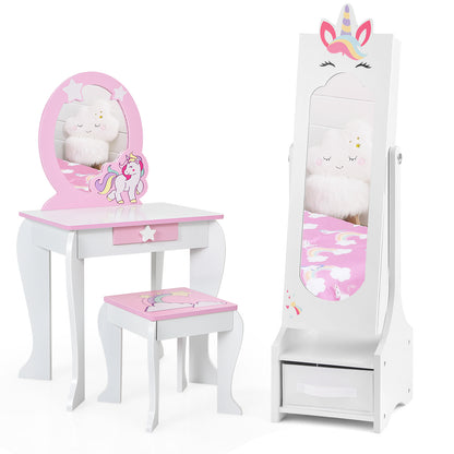 Kids Princess Vanity Table and Stool Set with Jewelry Cabinet and Mirror Drawer-Pink