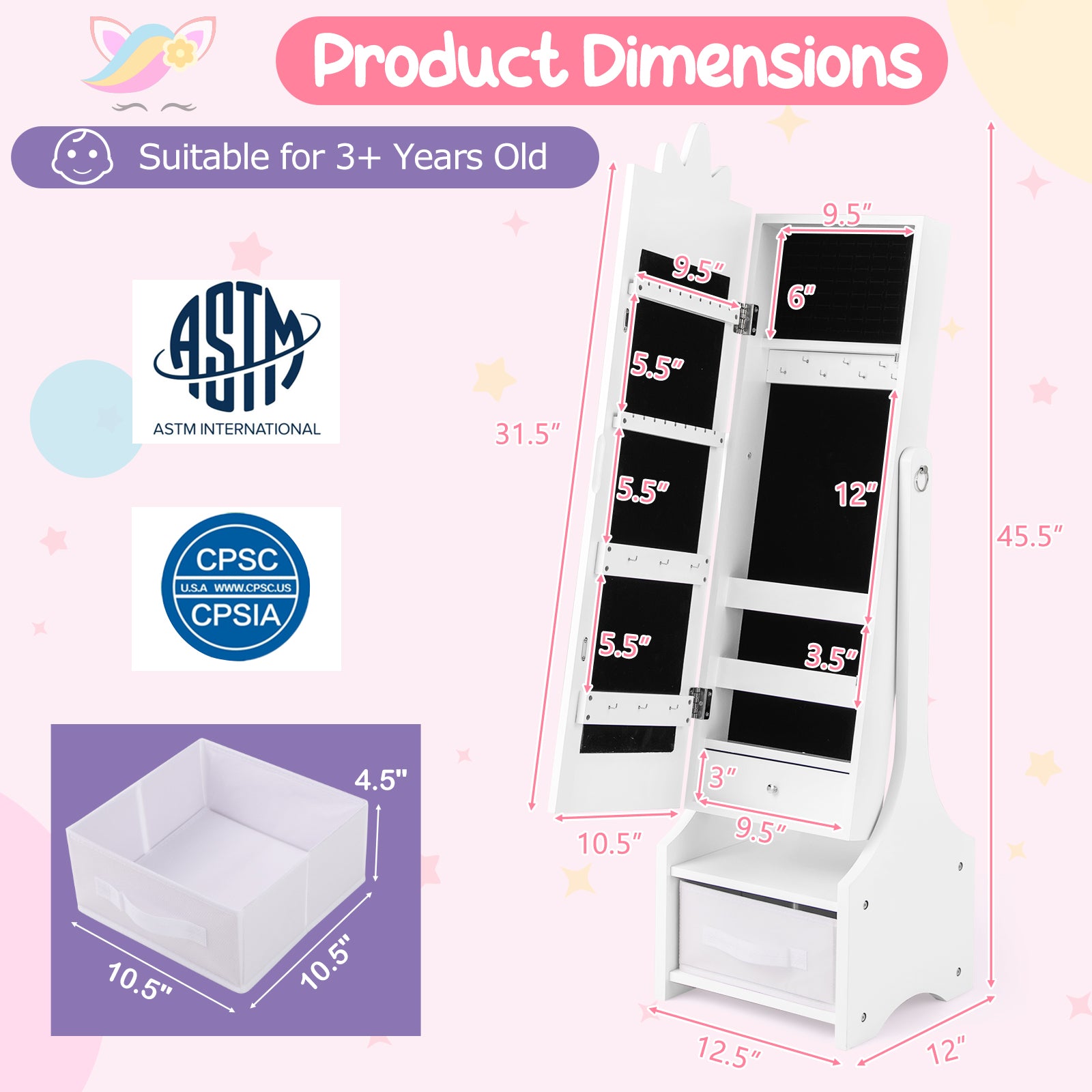 Kids Princess Vanity Table and Stool Set with Jewelry Cabinet and Mirror Drawer-Pink