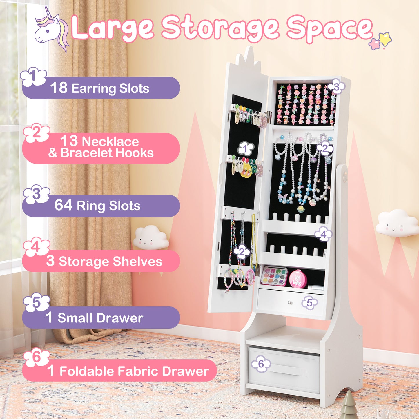 Kids Princess Vanity Table and Stool Set with Jewelry Cabinet and Mirror Drawer-White