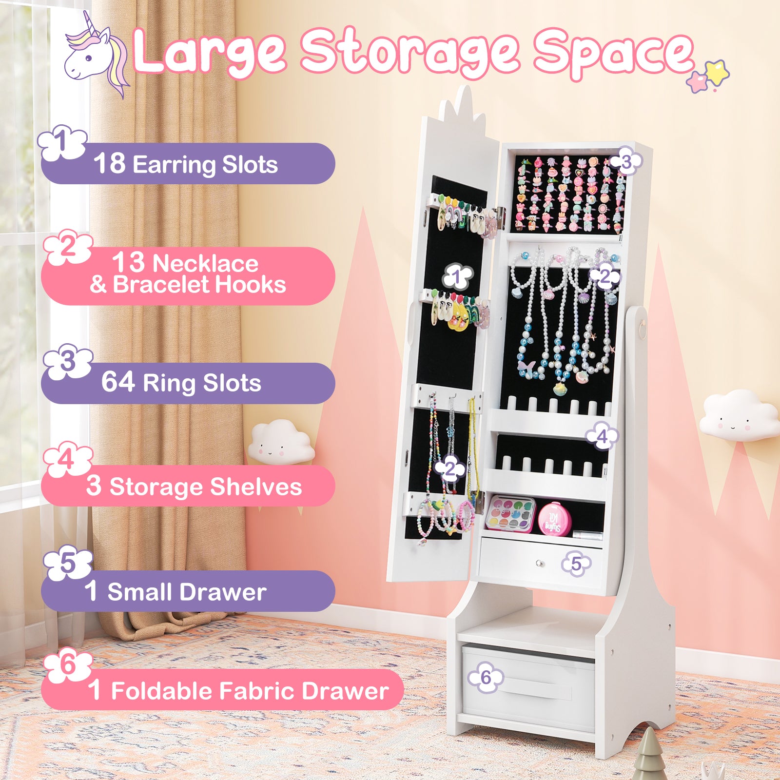 Kids Princess Vanity Table and Stool Set with Jewelry Cabinet and Mirror Drawer-White