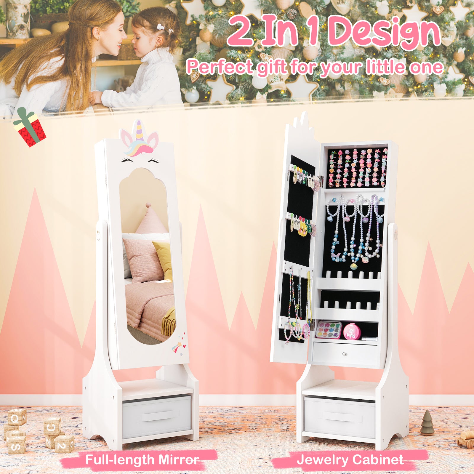 Kids Princess Vanity Table and Stool Set with Jewelry Cabinet and Mirror Drawer-White