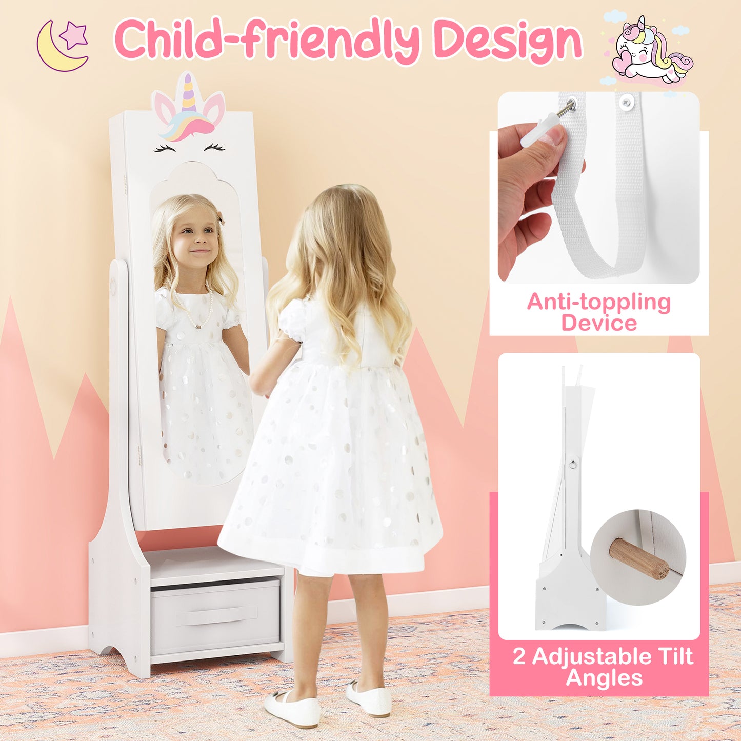 Kids Princess Vanity Table and Stool Set with Jewelry Cabinet and Mirror Drawer-White