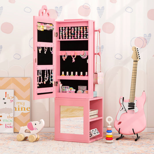 Princess Vanity Table and Stool Set Freestanding Jewelry Cabinet Armoire with Full-Length Mirror