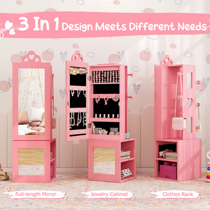 Princess Vanity Table and Stool Set Freestanding Jewelry Cabinet Armoire with Full-Length Mirror