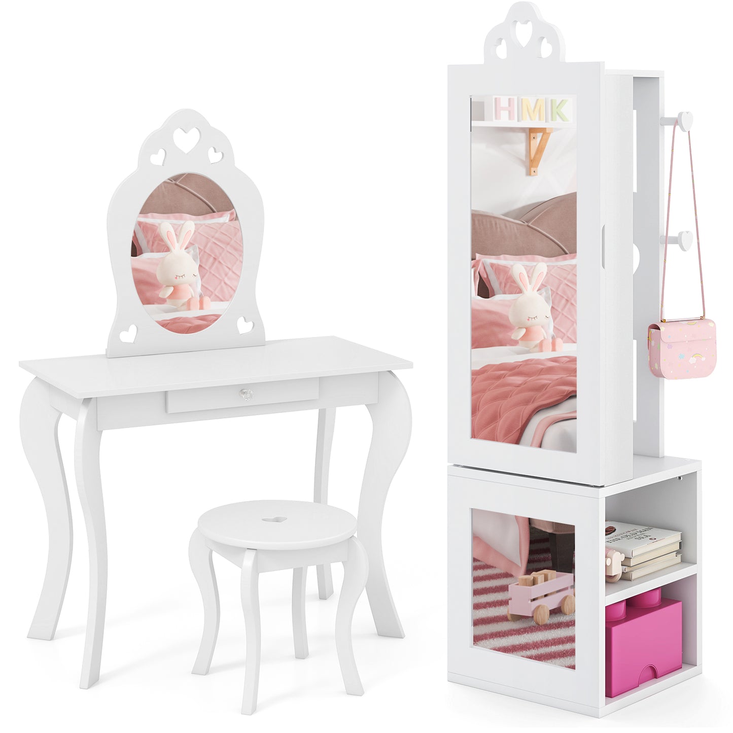 Princess Vanity Table and Stool Set Freestanding Jewelry Cabinet Armoire with Full-Length Mirror-Pink - White