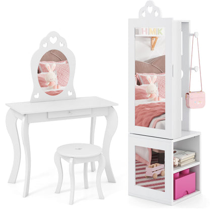 Princess Vanity Table and Stool Set Freestanding Jewelry Cabinet Armoire with Full-Length Mirror-Pink - White