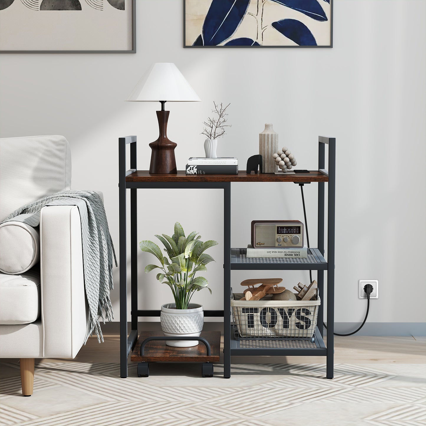Printer Stand with Charging Station and Storage Shelves-Rustic Brown