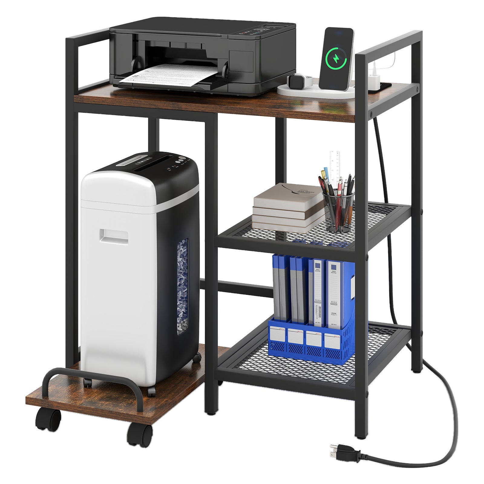 Printer Stand with Charging Station and Storage Shelves-Rustic Brown