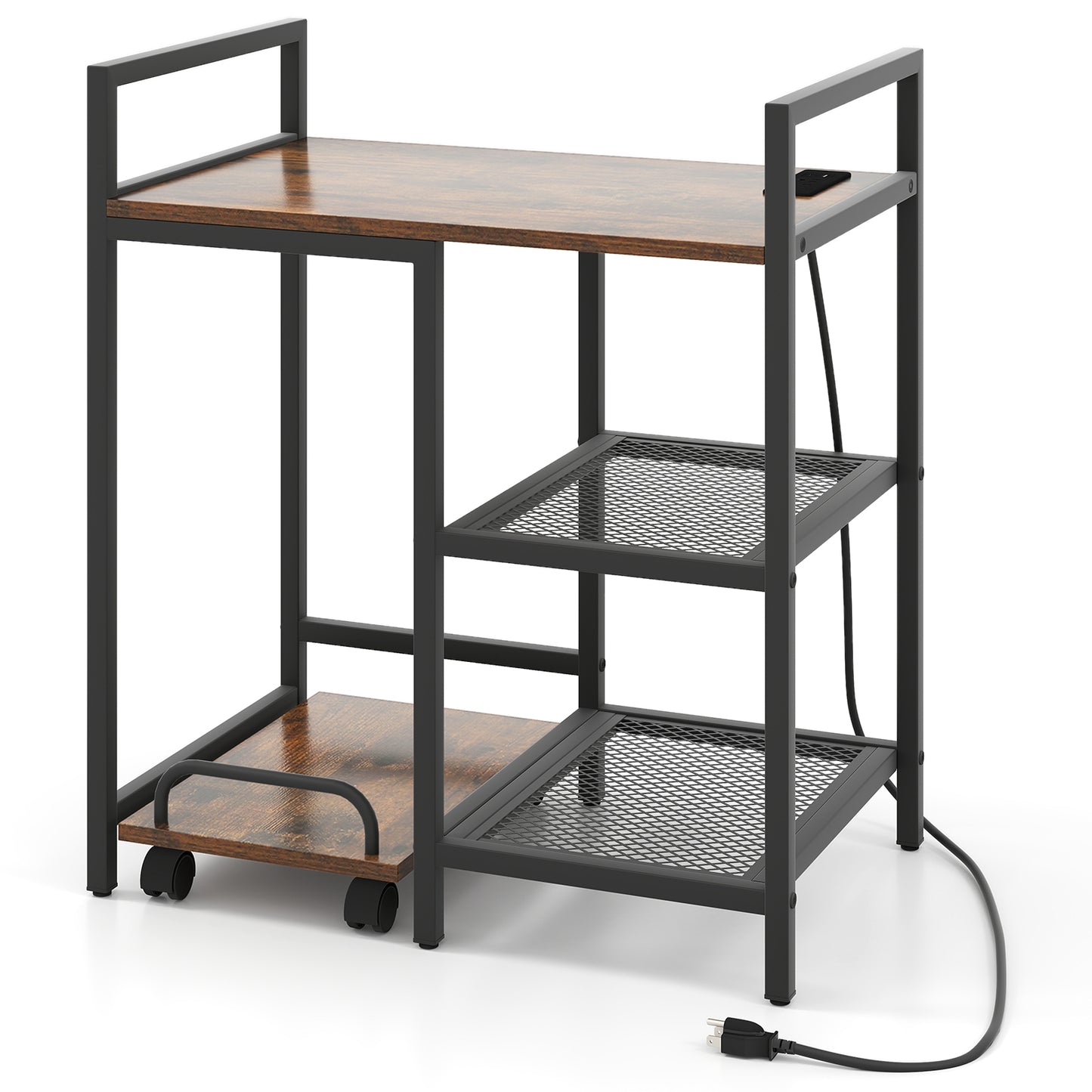 Printer Stand with Charging Station and Storage Shelves-Rustic Brown
