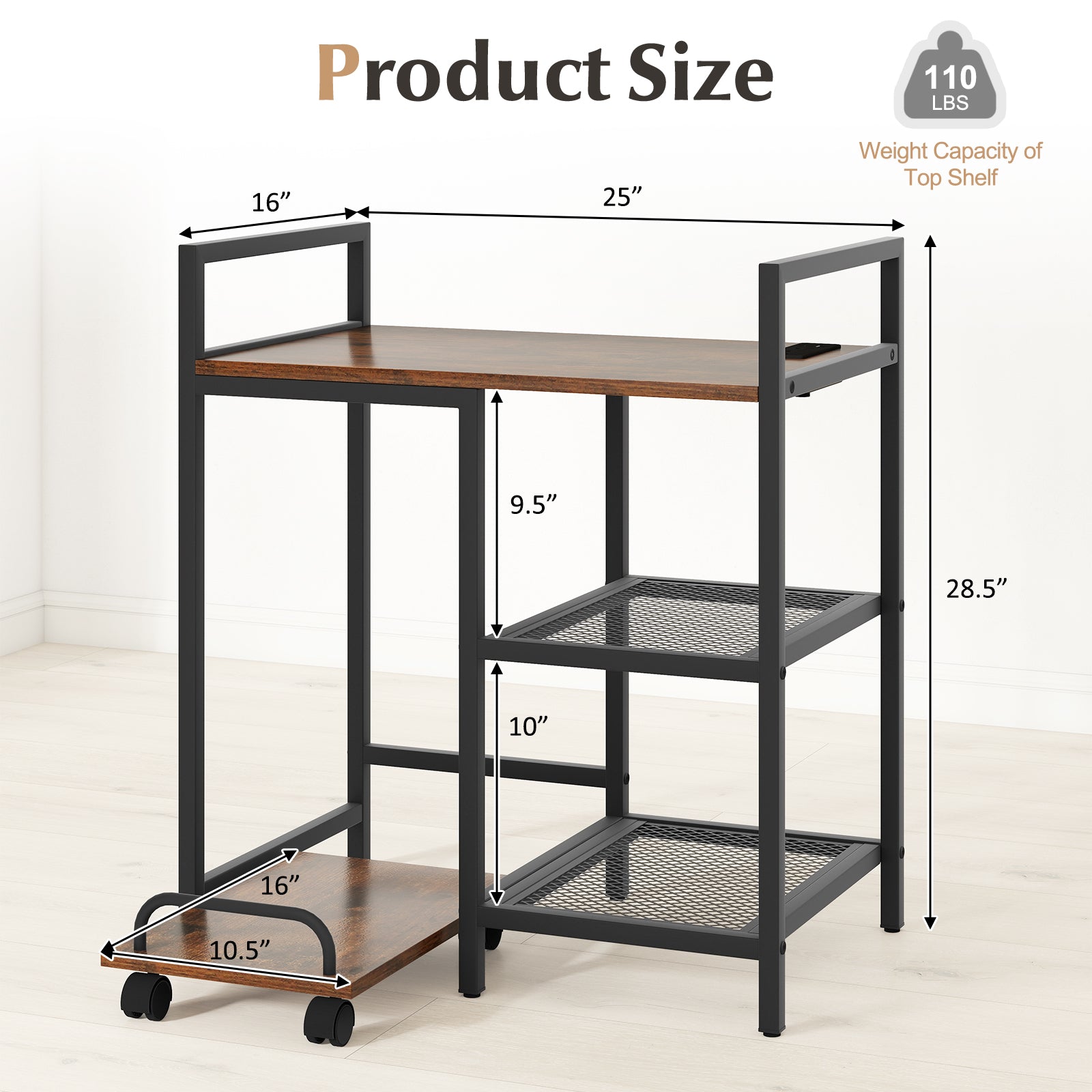 Printer Stand with Charging Station and Storage Shelves-Rustic Brown