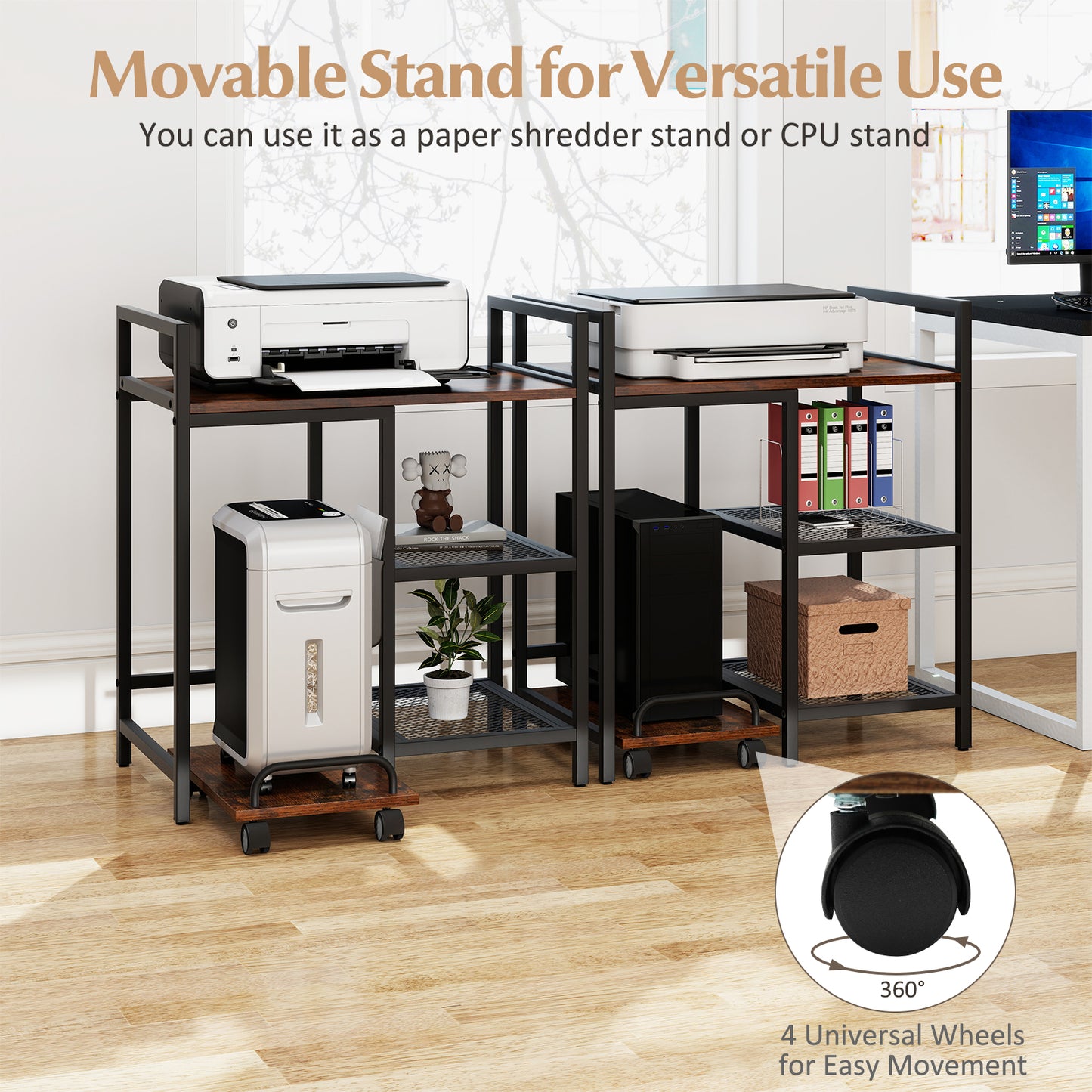 Printer Stand with Charging Station and Storage Shelves-Rustic Brown