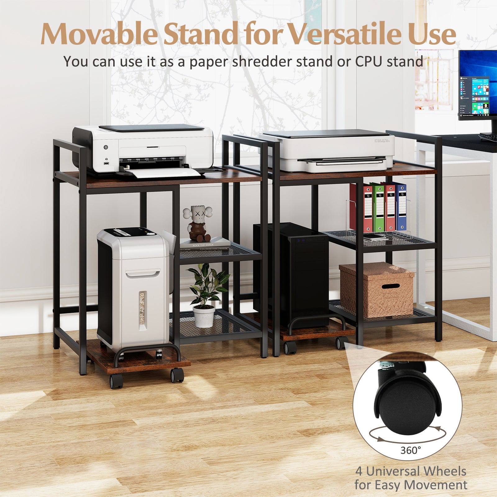 Printer Stand with Charging Station and Storage Shelves-Rustic Brown