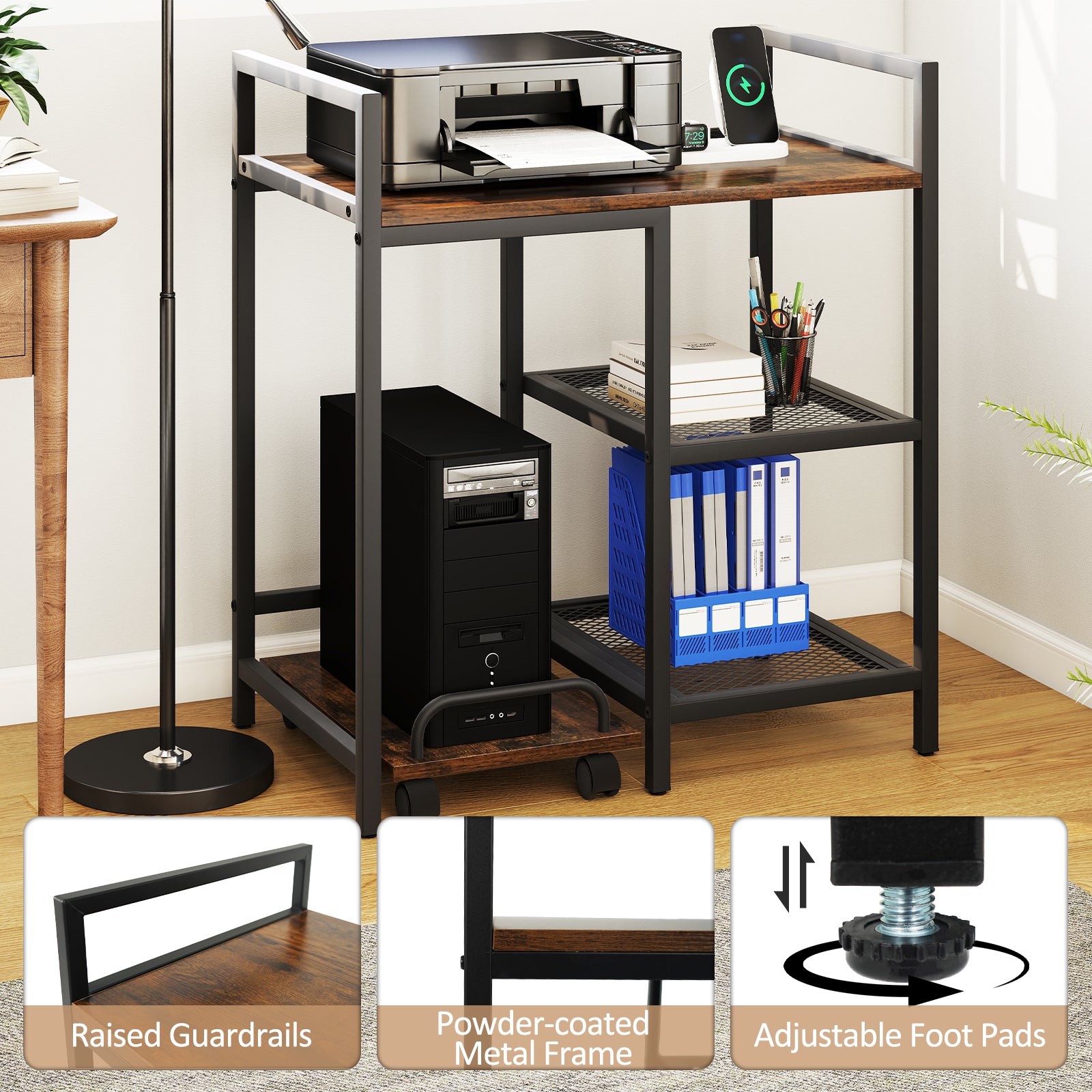 Printer Stand with Charging Station and Storage Shelves-Rustic Brown