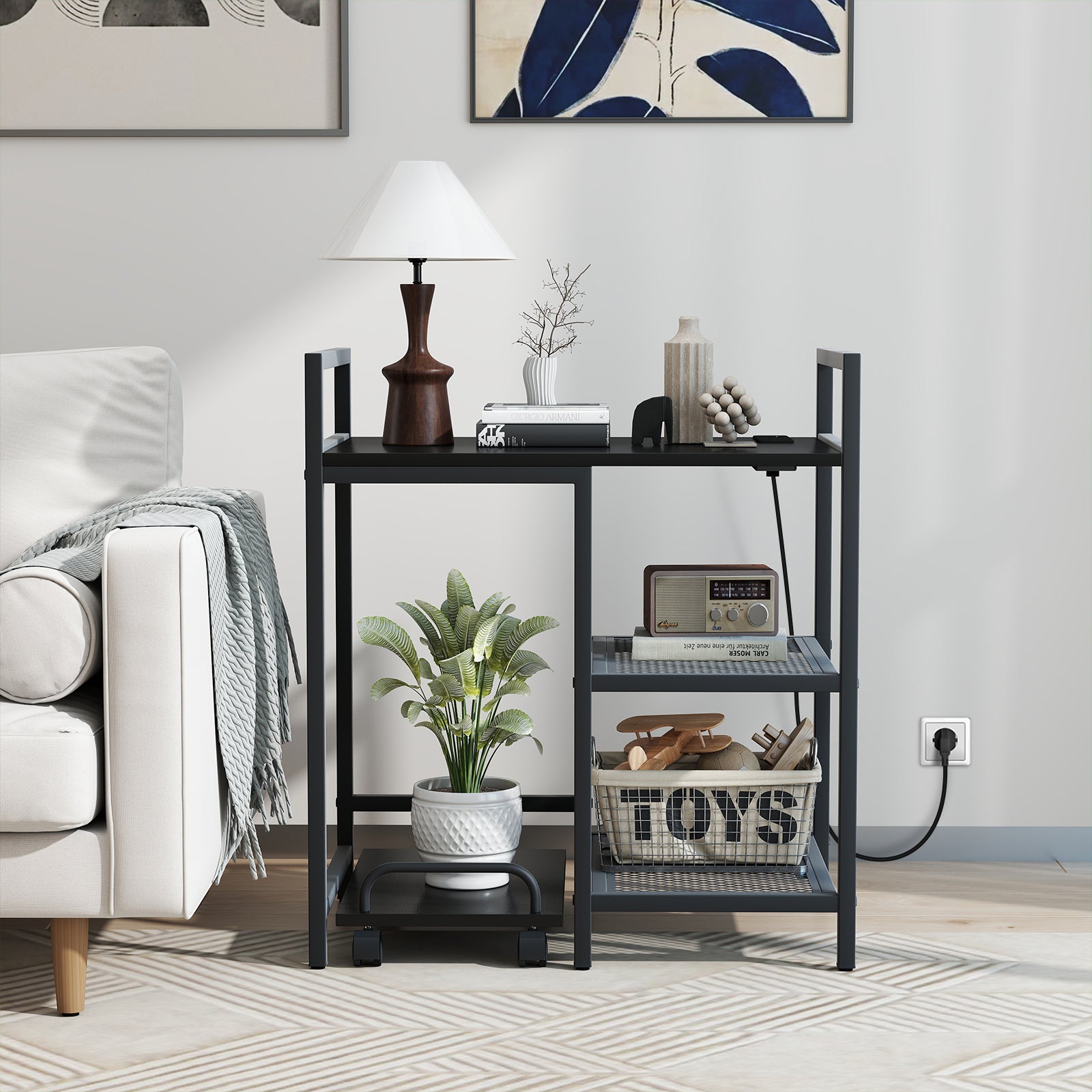 Printer Stand with Charging Station and Storage Shelves-Black