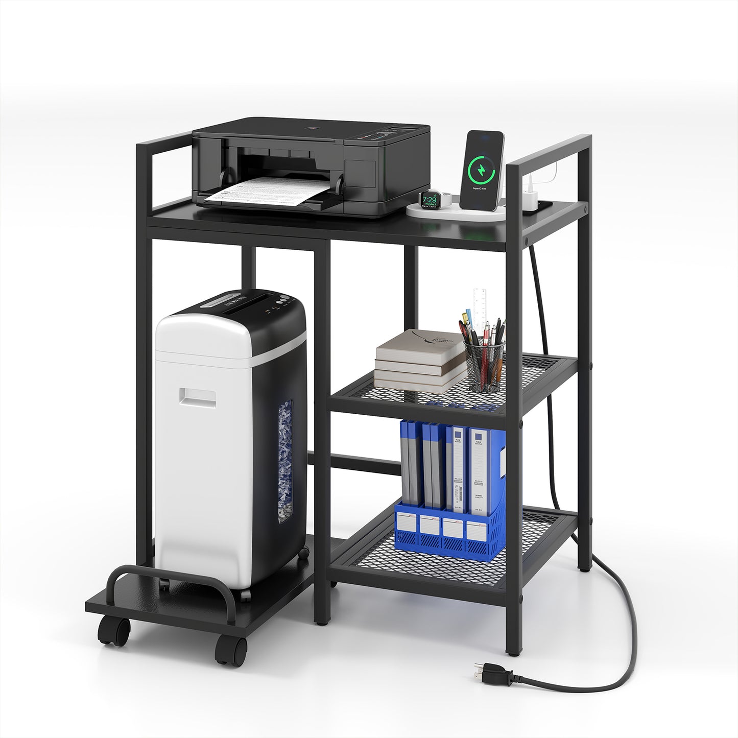 Printer Stand with Charging Station and Storage Shelves-Black