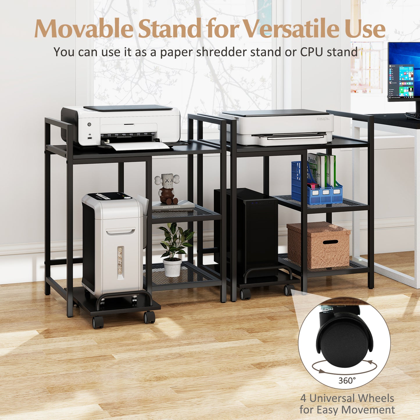 Printer Stand with Charging Station and Storage Shelves-Black