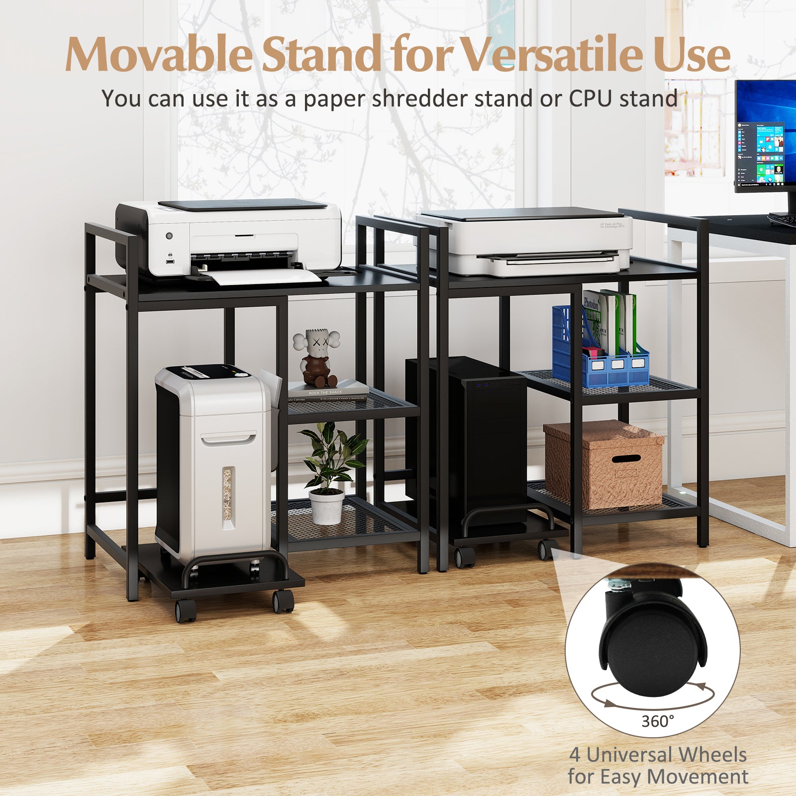 Printer Stand with Charging Station and Storage Shelves-Black
