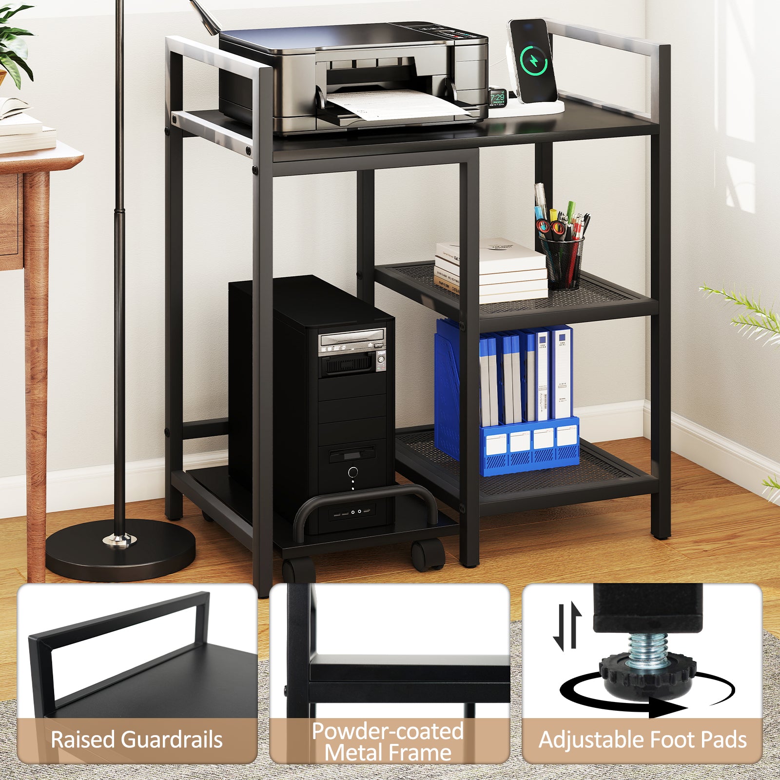 Printer Stand with Charging Station and Storage Shelves-Black