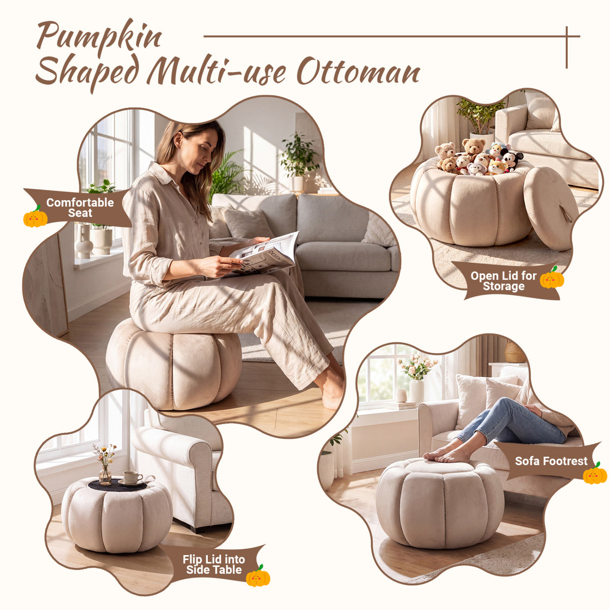 Pumpkin Ottoman with Hidden Storage and Removable Lid