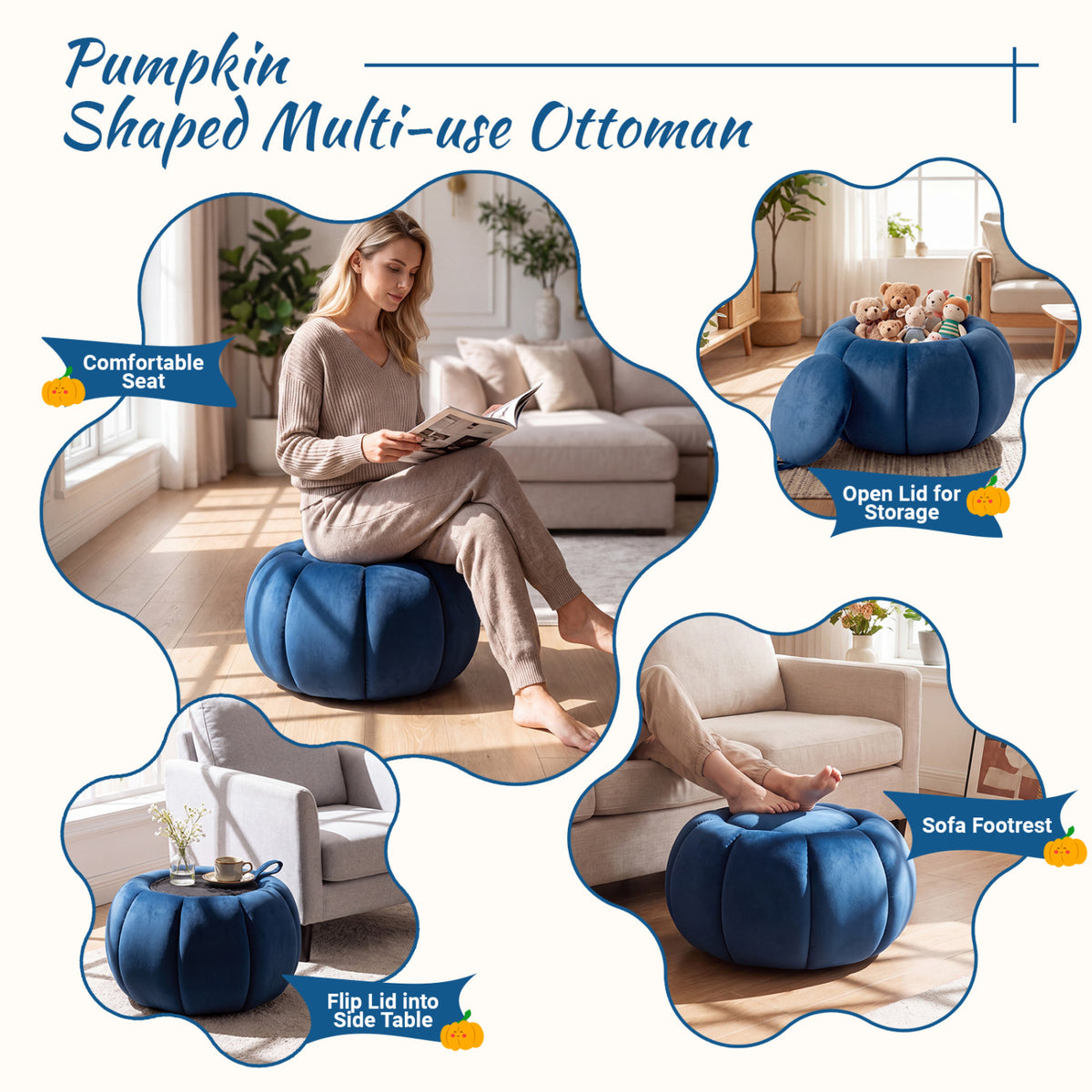 Pumpkin Ottoman with Hidden Storage and Removable Lid