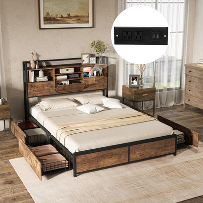 Full/Queen Size Bed Frame with Bookcase Headboard and 4 Storage Drawers-Queen Size
